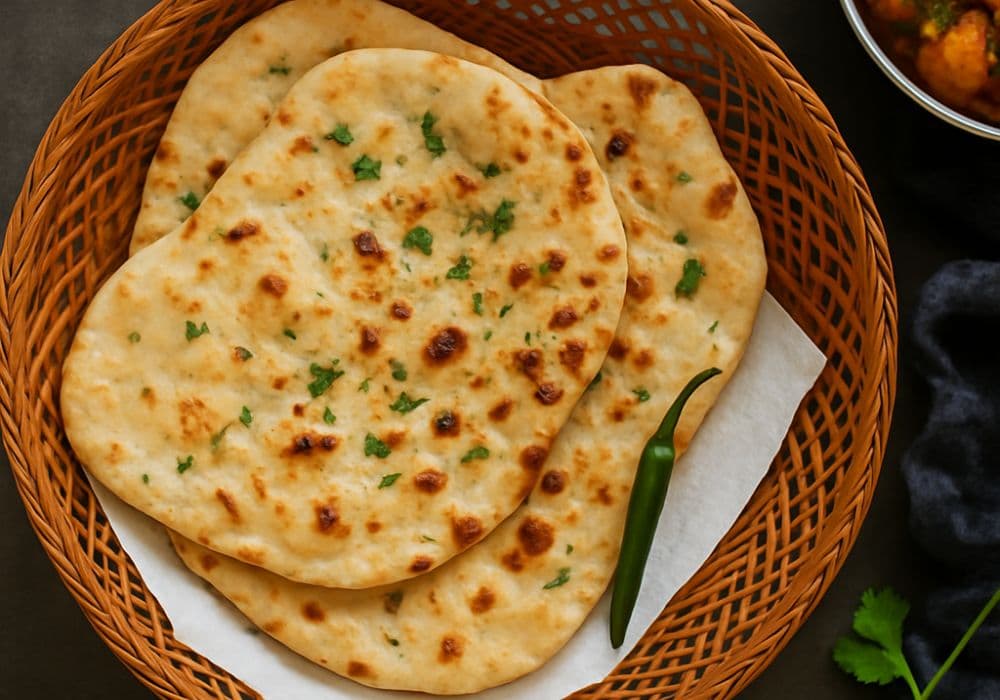 flatbread dough baked into garlic naan