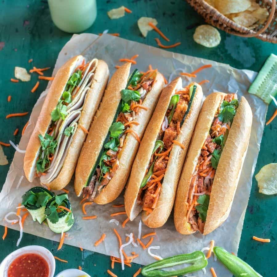 Bánh mì sandwich with pork, coriander, cucumber and chilli