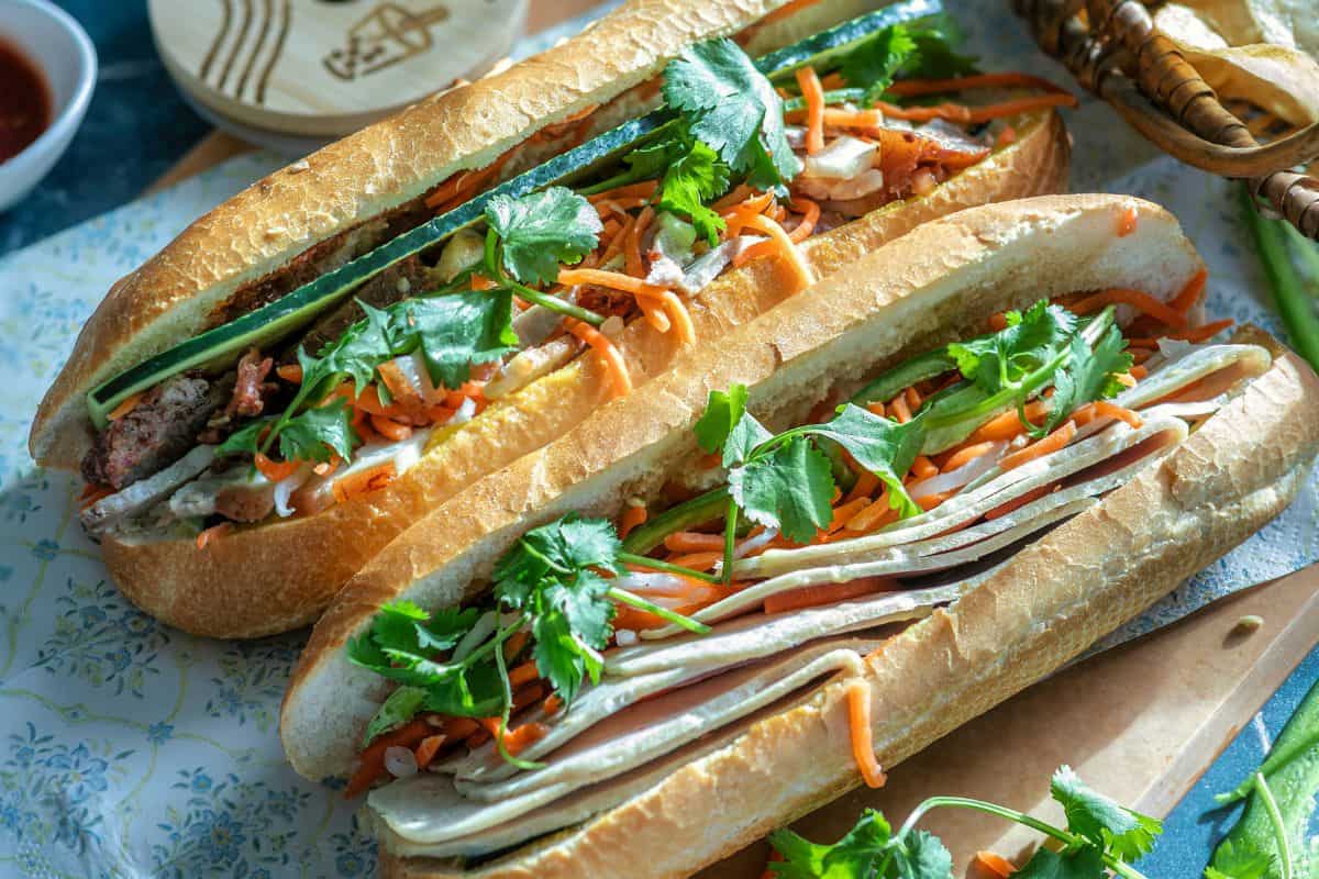 Close-up of golden crust on Vietnamese bread roll