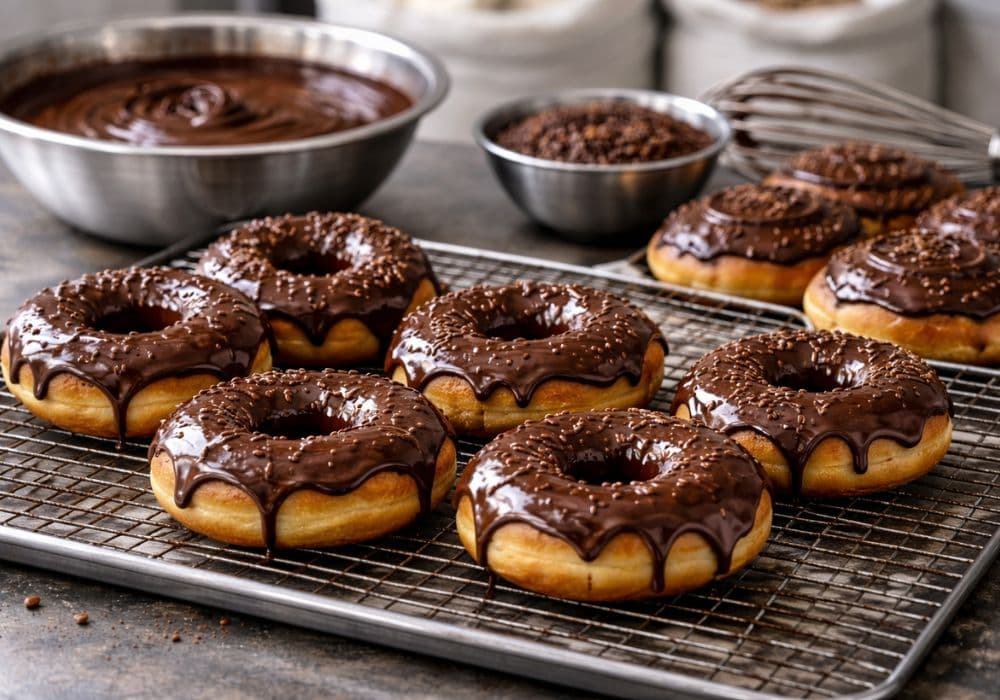 Finished donut with thick chocolate glaze on display
