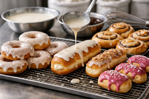 Freshly glazed donuts made with Suprima sweet dough