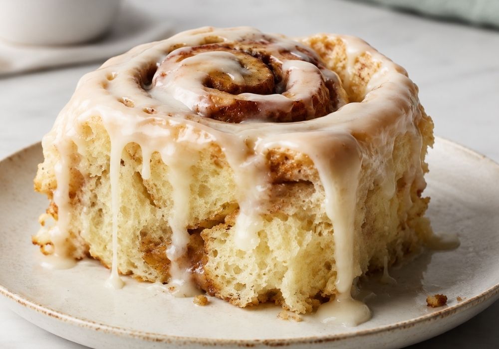 American cinnamon roll with cream cheese icing on a plate